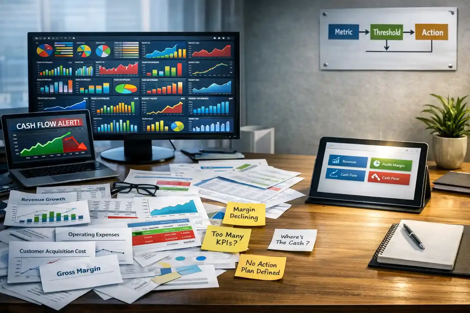 Cluttered KPI dashboard vs simple metrics desk setup with cash alert